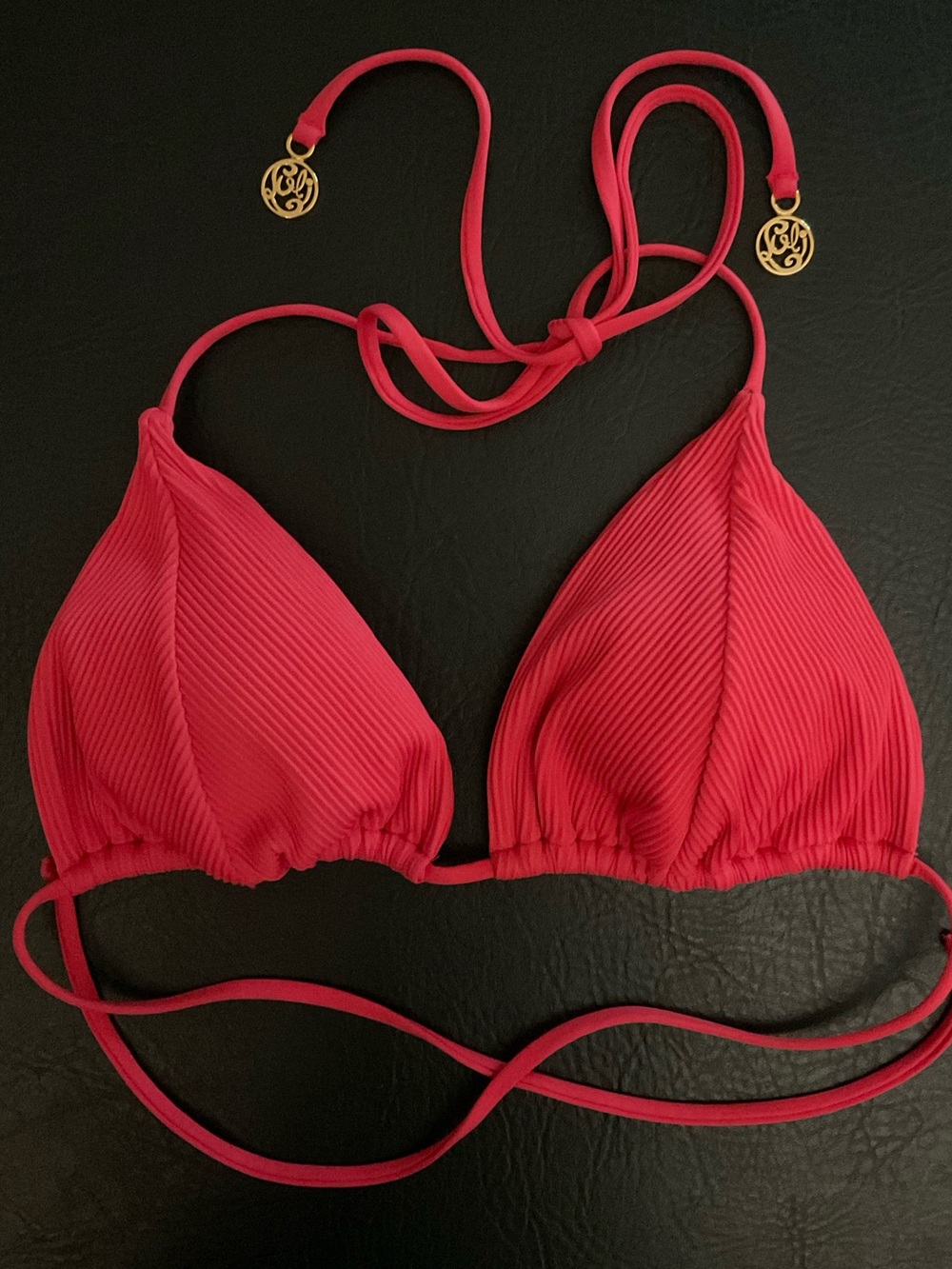 Luli Fama Red Ribbed Triangle Bikini Top Size Large